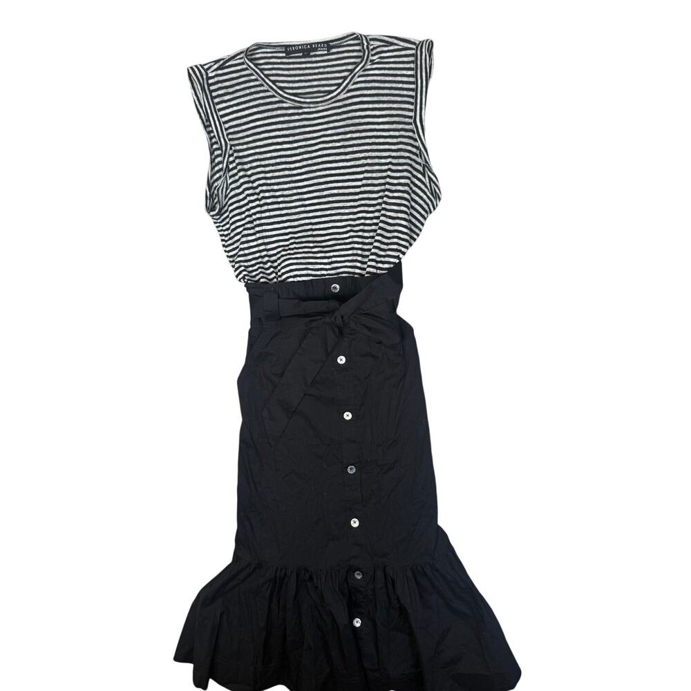 Veronica Beard Capri Linen Combo Midi Dress Black White Stripe Small